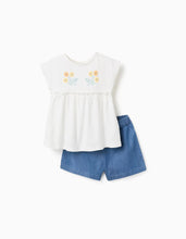 Carregar imagem no visualizador da galeria, T-shirt com flores + calções de ganga para bebé menina, branco/azul