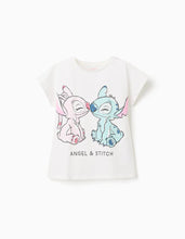Carregar imagem no visualizador da galeria, T-shirt de algodão com estampado Stitch e Angel para menina, branco