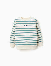 Carregar imagem no visualizador da galeria, Sweat cardada às riscas com estampado para menino, branco/azul-esverdeado