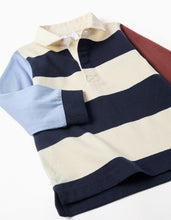 Carregar imagem no visualizador da galeria, Polo de manga comprida às riscas para menino, azul/beige/castanho