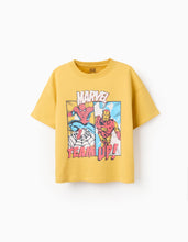 Carregar imagem no visualizador da galeria, T-shirt de algodão com um estampado Spider-Man e Iron-Man para menino, amarelo