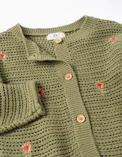 Carregar imagem no visualizador da galeria, Casaco de malha com flores bordadas para menina, verde-escuro