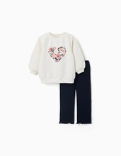 Carregar imagem no visualizador da galeria, Conjunto de sweat e calças de algodão para bebé menina, branco/azul