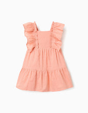 Carregar imagem no visualizador da galeria, Vestido de algodão com bordado suíço e folhos para bebé menina, laranja