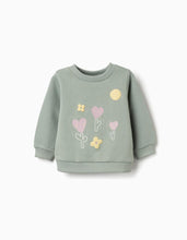 Carregar imagem no visualizador da galeria, Sweat cardada com flores e corações para bebé menina, verde-escuro