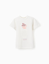 Carregar imagem no visualizador da galeria, T-shirt de algodão com estampado frontal Curiosity para menino, branco