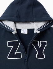 Carregar imagem no visualizador da galeria, Casaco Cardado com Capuz para Menino 'ZY', Azul-Escuro/Cinza Zippy