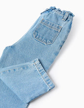 Carregar imagem no visualizador da galeria, Calças de ganga wide leg com cintura paperbag para bebé menina, azul-claro
