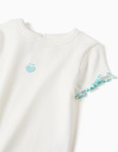 Carregar imagem no visualizador da galeria, T-shirt canelada com extremidades onduladas para bebé menina, branco/azul
