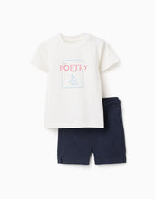 Carregar imagem no visualizador da galeria, Conjunto T-shirt de algodão estampada + calções para bebé menino, branco/azul-escuro
