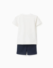Carregar imagem no visualizador da galeria, Conjunto T-shirt de algodão estampada + calções para bebé menino, branco/azul-escuro
