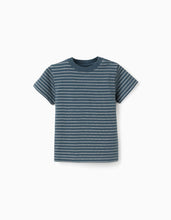 Carregar imagem no visualizador da galeria, T-shirt de algodão com riscas em jacquard para bebé menino, azul/bege
