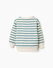 Carregar imagem no visualizador da galeria, Sweat cardada às riscas com estampado para menino, branco/azul-esverdeado
