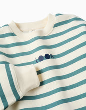 Carregar imagem no visualizador da galeria, Sweat cardada às riscas com estampado para menino, branco/azul-esverdeado
