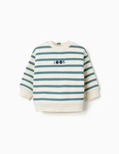 Carregar imagem no visualizador da galeria, Sweat cardada às riscas para bebé menino, branco/azul-esverdeado
