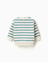 Carregar imagem no visualizador da galeria, Sweat cardada às riscas para bebé menino, branco/azul-esverdeado
