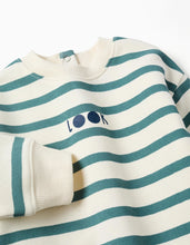 Carregar imagem no visualizador da galeria, Sweat cardada às riscas para bebé menino, branco/azul-esverdeado
