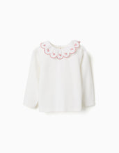 Carregar imagem no visualizador da galeria, T-shirt de manga comprida com bordado rosa para bebé menina, branco
