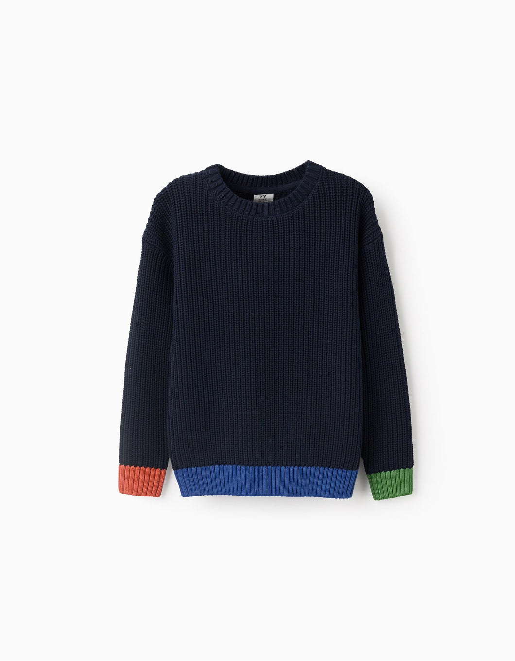 Sweat de Algodão com Camisola de Malha com Detalhes Coloridos para Menino, Azul Escuro