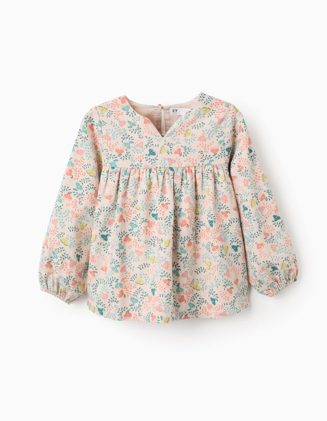 Túnica de Sarja com Motivo Floral Colorido para Menina, Bege Zippy