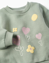 Carregar imagem no visualizador da galeria, Sweat cardada com flores e corações para bebé menina, verde-escuro
