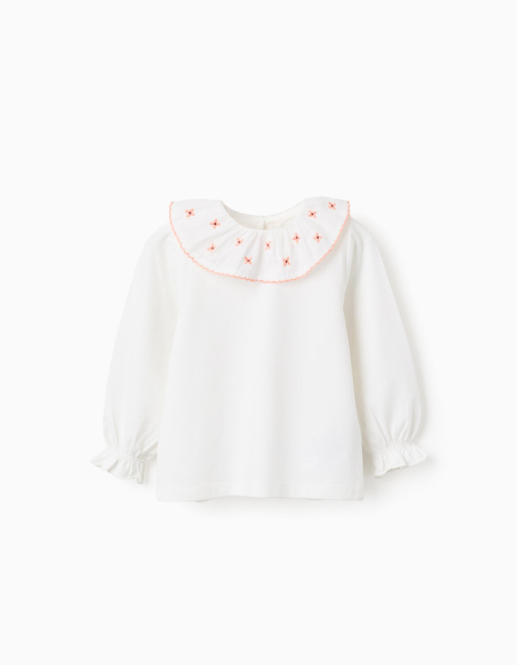 T-shirt com Folhos e Bordados de Flores para Bebé Menina, Branco/Coral Zippy