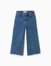 Carregar imagem no visualizador da galeria, Calças de ganga wide leg com bainhas desfiadas para menina, azul

