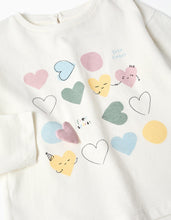 Carregar imagem no visualizador da galeria, T-shirt de manga comprida com corações estampados para bebé menina, branco
