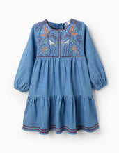 Carregar imagem no visualizador da galeria, Vestido de Ganga em Algodão com Bordados para Menina, Azul Zippy
