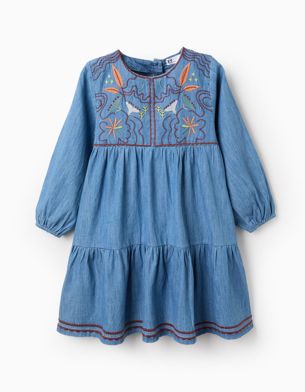 Vestido de Ganga em Algodão com Bordados para Menina, Azul Zippy