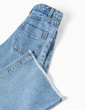 Carregar imagem no visualizador da galeria, Calças de ganga wide leg com bainhas desfiadas para menina, azul-claro
