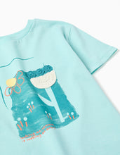 Carregar imagem no visualizador da galeria, T-shirt de algodão com estampado e crochê para menina, azul-claro
