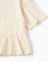 Carregar imagem no visualizador da galeria, T-shirt oversize de algodão com estampado e folhos para menina, bege
