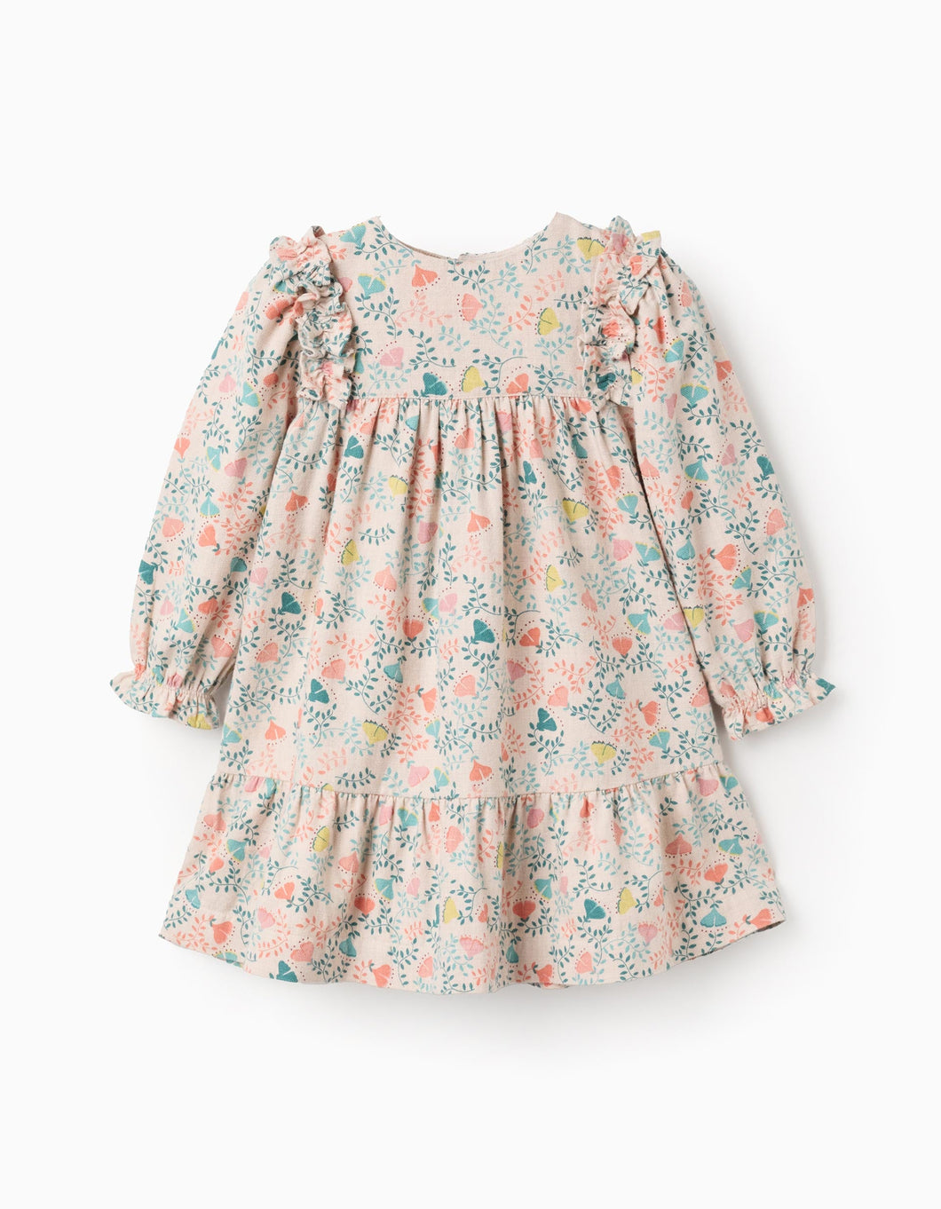 Vestido de Sarja com Motivo Floral Colorido para Bebé Menina, Bege Zippy