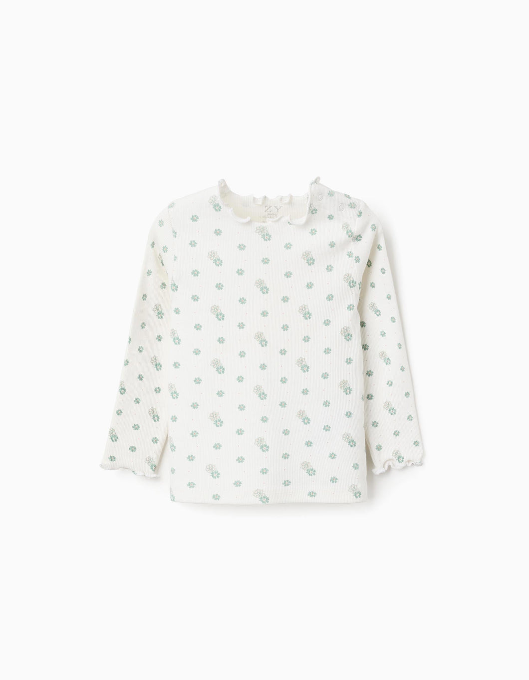 T-shirt Canelada de Manga Comprida com Motivo para Bebé Menina, Branco Zippy
