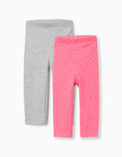 Carregar imagem no visualizador da galeria, Pack de 2 leggings de algodão lisas/florais para bebé menina, cinza/rosa
