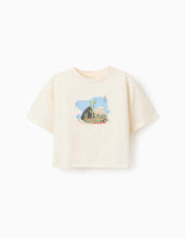 Carregar imagem no visualizador da galeria, T-shirt oversize de algodão com estampado e folhos para menina, bege

