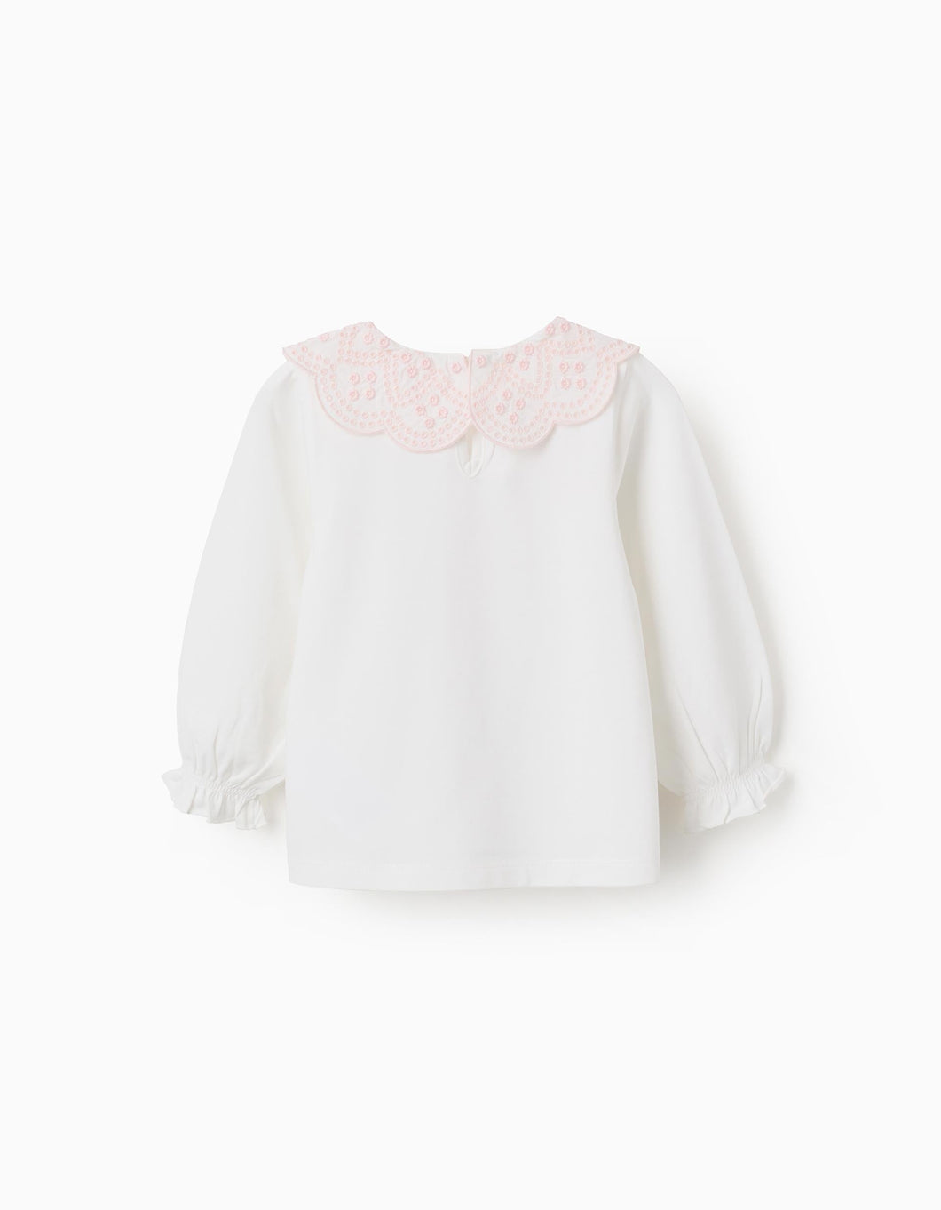 T-shirt com Gola de Bordado Inglês, Branco/RosaZippy