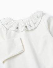 Carregar imagem no visualizador da galeria, T-shirt com Gola de Folhos e Bordados para Bebé Menina, Branco/Verde Água Zippy
