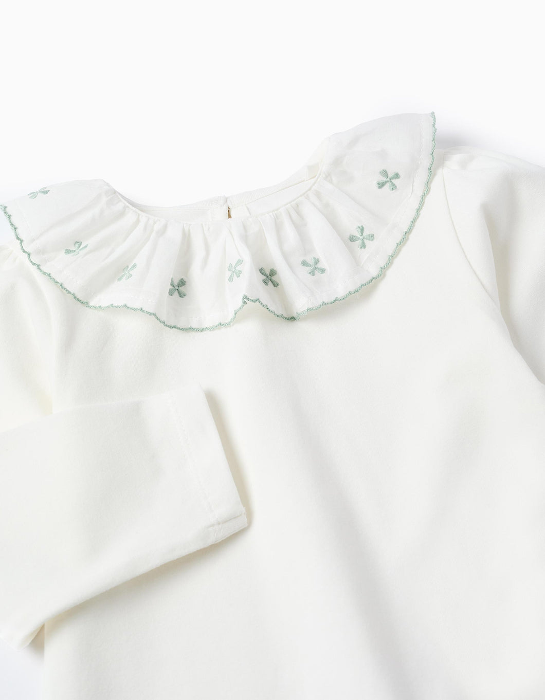 T-shirt com Gola de Folhos e Bordados para Bebé Menina, Branco/Verde Água Zippy