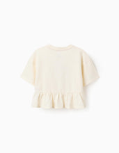 Carregar imagem no visualizador da galeria, T-shirt oversize de algodão com estampado e folhos para menina, bege
