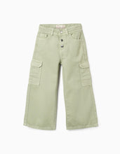 Carregar imagem no visualizador da galeria, Calças de Sarja com Bolsos Cargo para Menina &#39;Wide Leg&#39;, Verde Zippy
