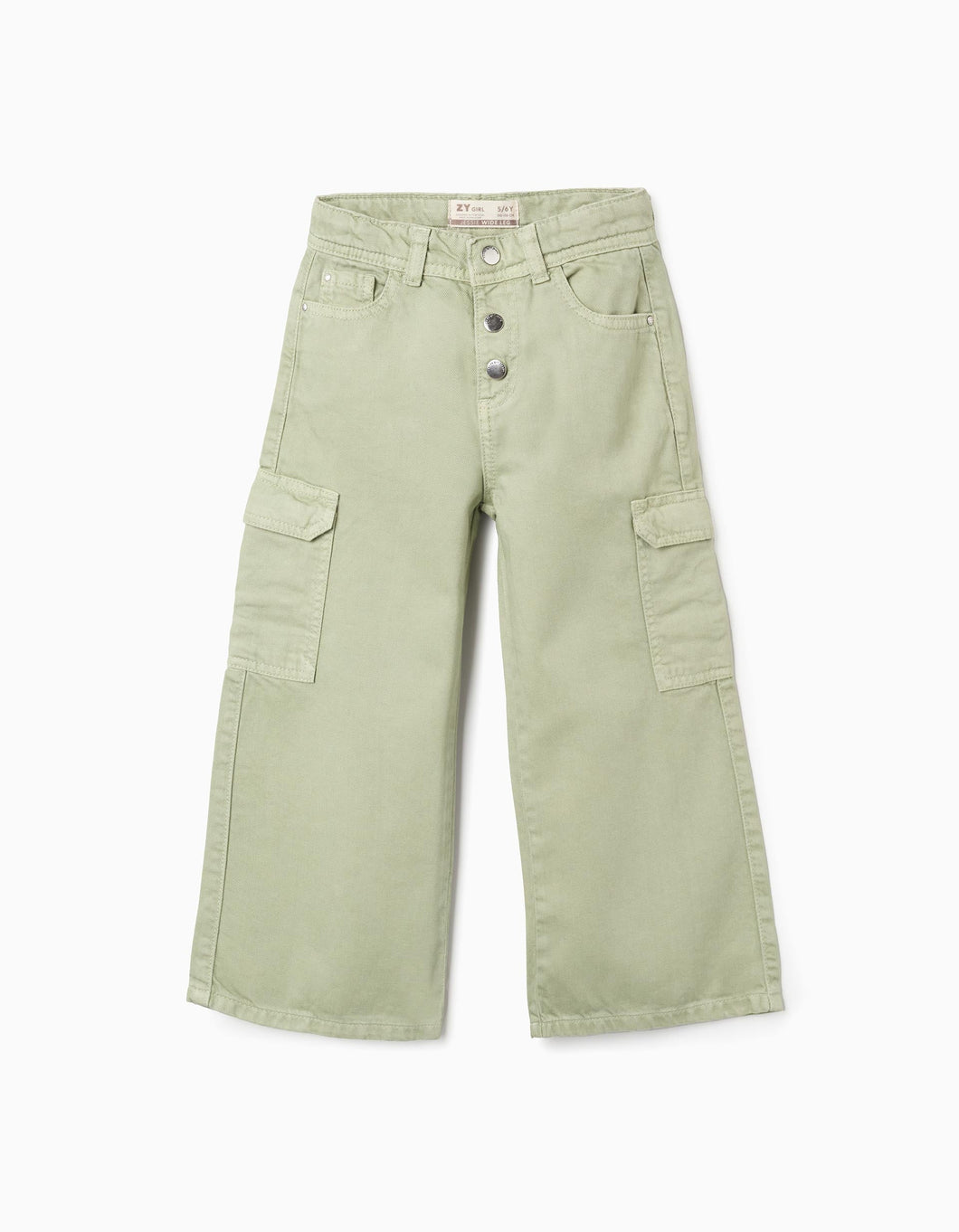 Calças de Sarja com Bolsos Cargo para Menina 'Wide Leg', Verde Zippy