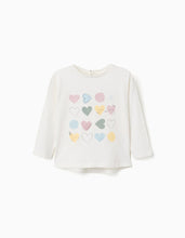 Carregar imagem no visualizador da galeria, T-shirt de manga comprida com corações estampados para bebé menina, branco
