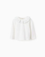 Carregar imagem no visualizador da galeria, T-shirt com Gola de Folhos e Bordados para Bebé Menina, Branco/Verde Água Zippy
