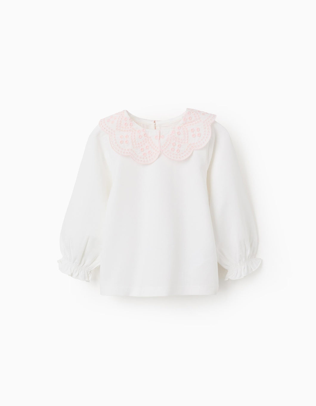 T-shirt com Gola de Bordado Inglês, Branco/RosaZippy