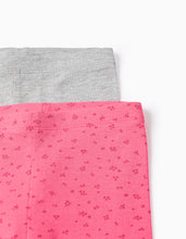 Carregar imagem no visualizador da galeria, Pack de 2 leggings de algodão lisas/florais para bebé menina, cinza/rosa
