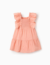 Carregar imagem no visualizador da galeria, Vestido de algodão com bordado suíço e folhos para bebé menina, laranja
