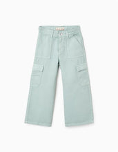 Carregar imagem no visualizador da galeria, Calças de Sarja com Bolsos Cargo para Menina &#39;Wide Leg&#39;, Verde Água Zippy
