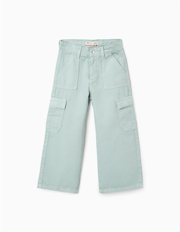 Calças de Sarja com Bolsos Cargo para Menina 'Wide Leg', Verde Água Zippy